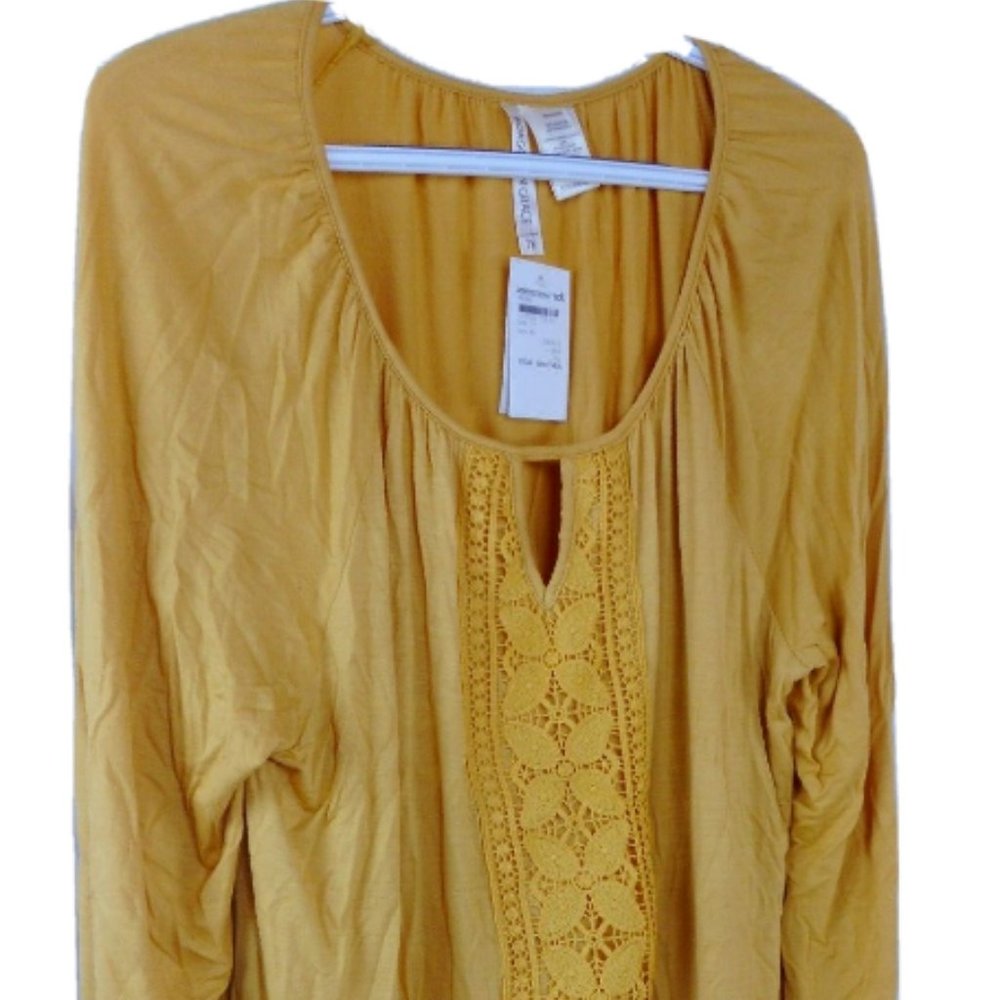 Forgotten Grace Women's Crochet Trim Ruffle Hem Tunic Mustard Yellow - 1X